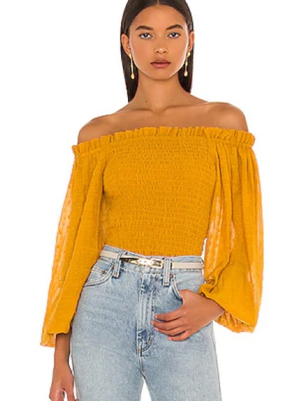 Tularosa Off-Shoulder Smocked Top in Mustard